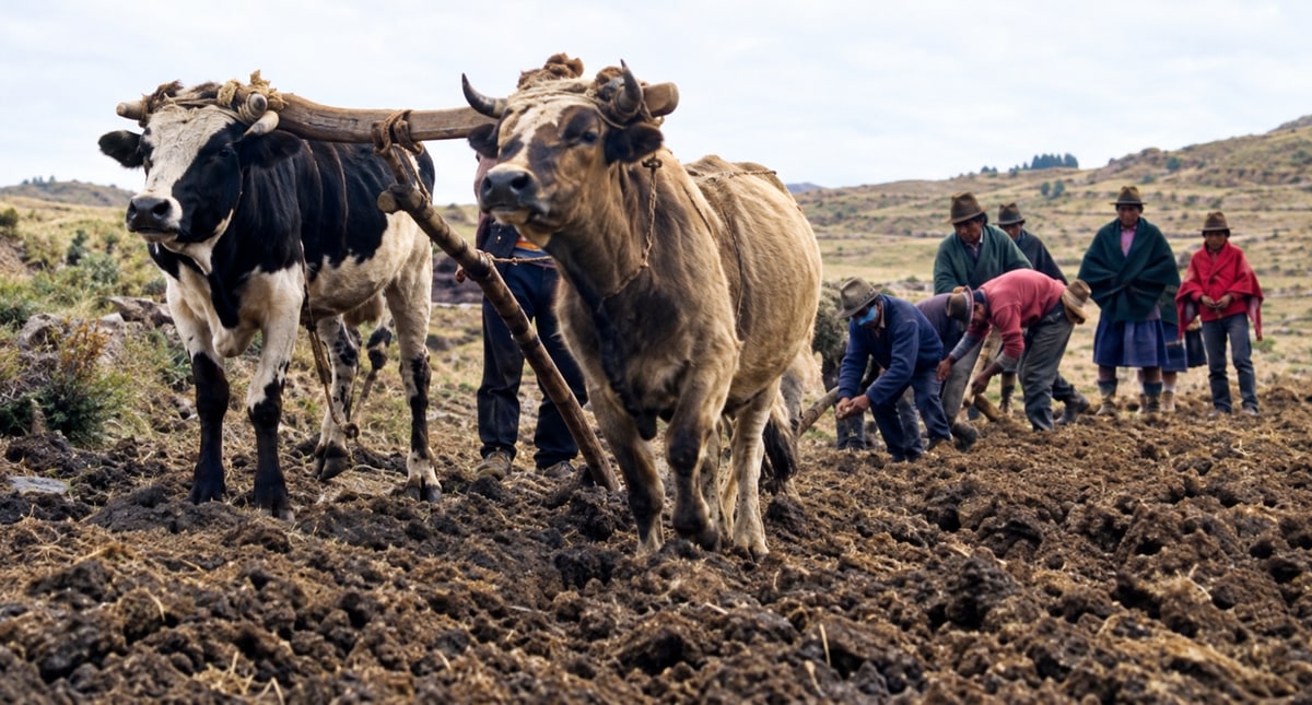 Farmers working tilled soil with cattle in the Bolivian highlands