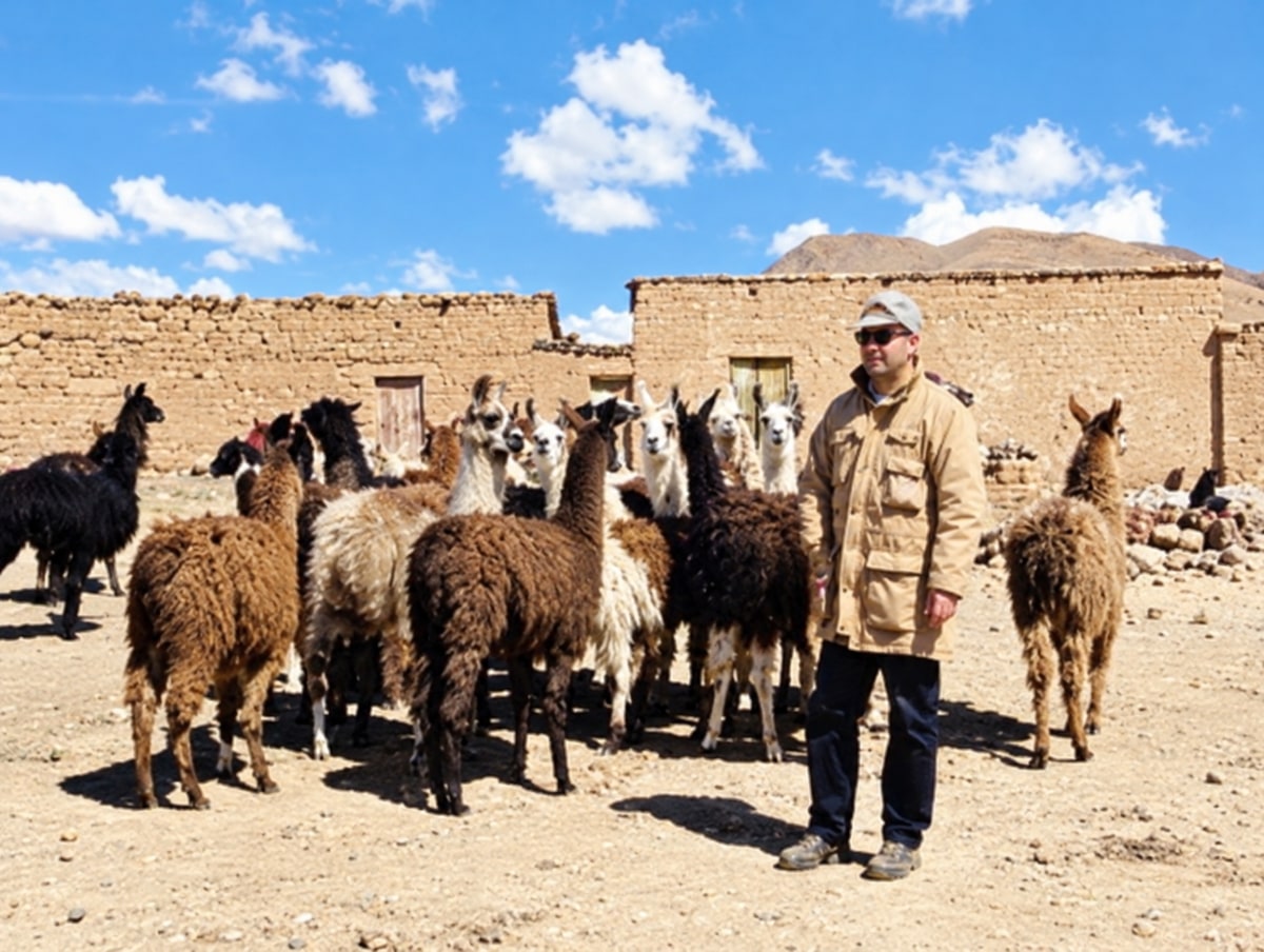 A man standing beside llamas outside adobe buildings