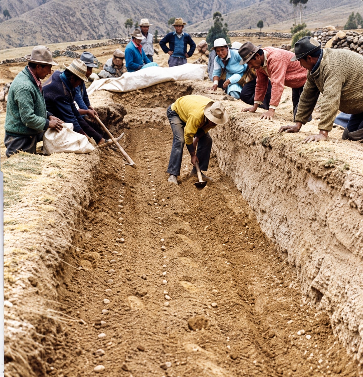 Farmers working around a deep agricultural bed