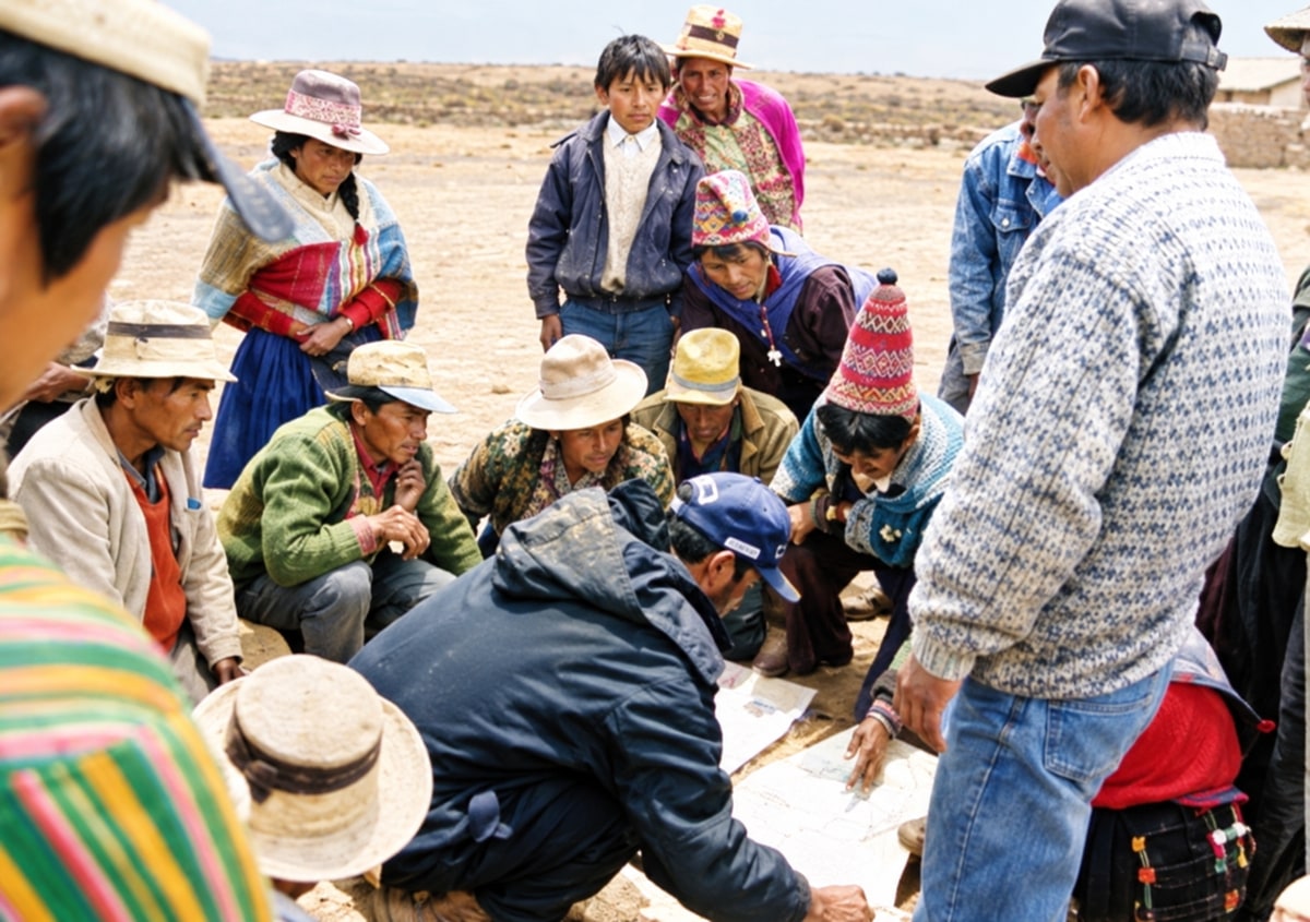 A group discussing village development outdoors