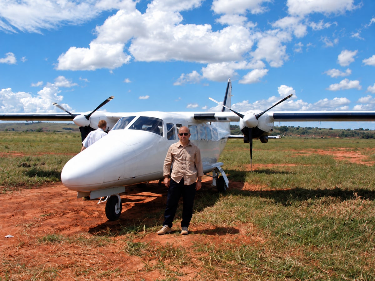 Danilo Barbero standing beside a twin-engine aircraft on a grass airstrip