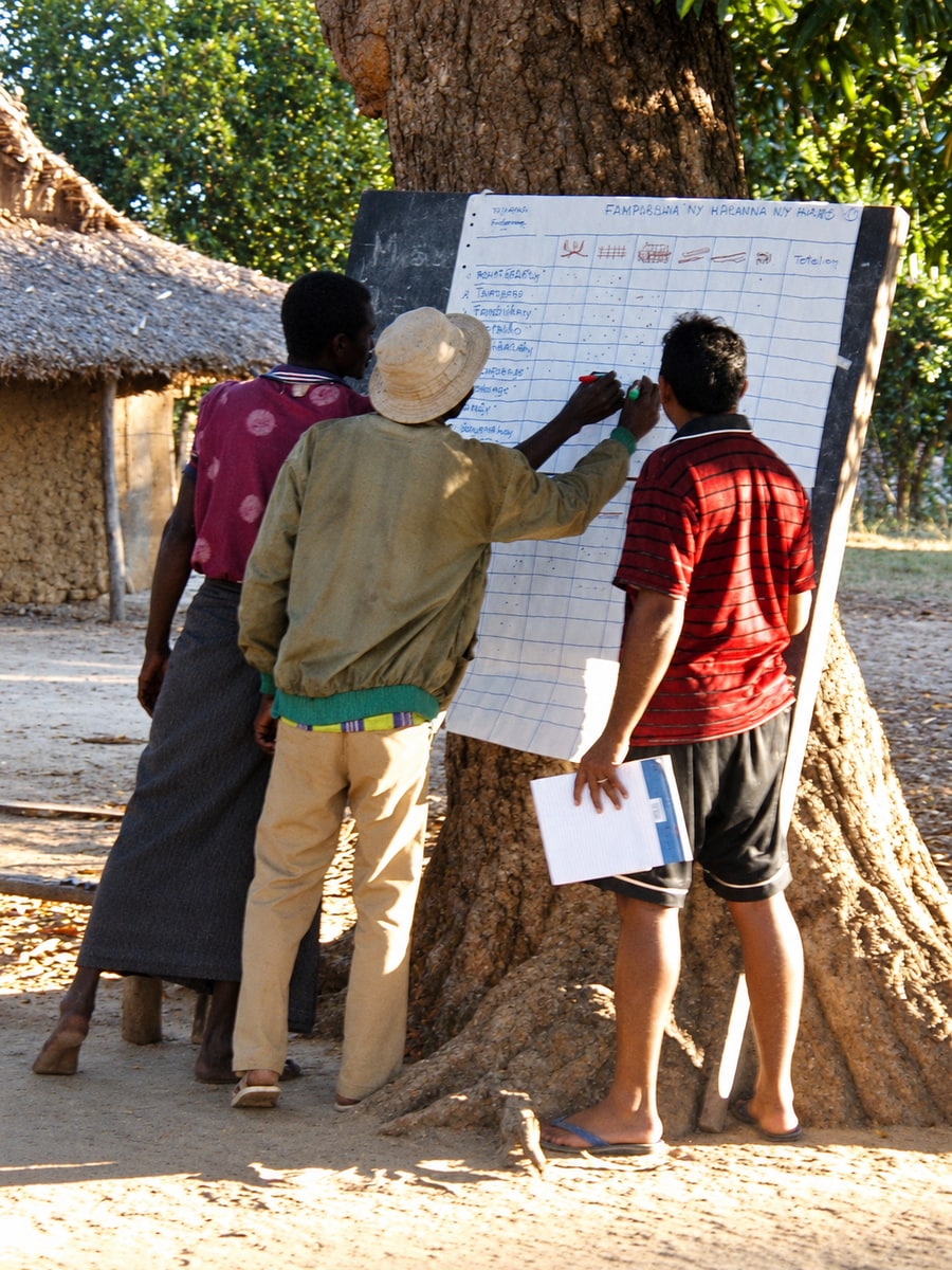 Participants working on a large planning chart hung on a tree